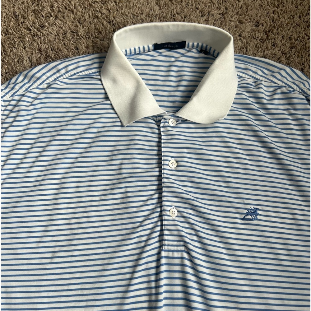 Turtleson Golf Polo Shirt Large Deer Golf Logo Blue Stripes